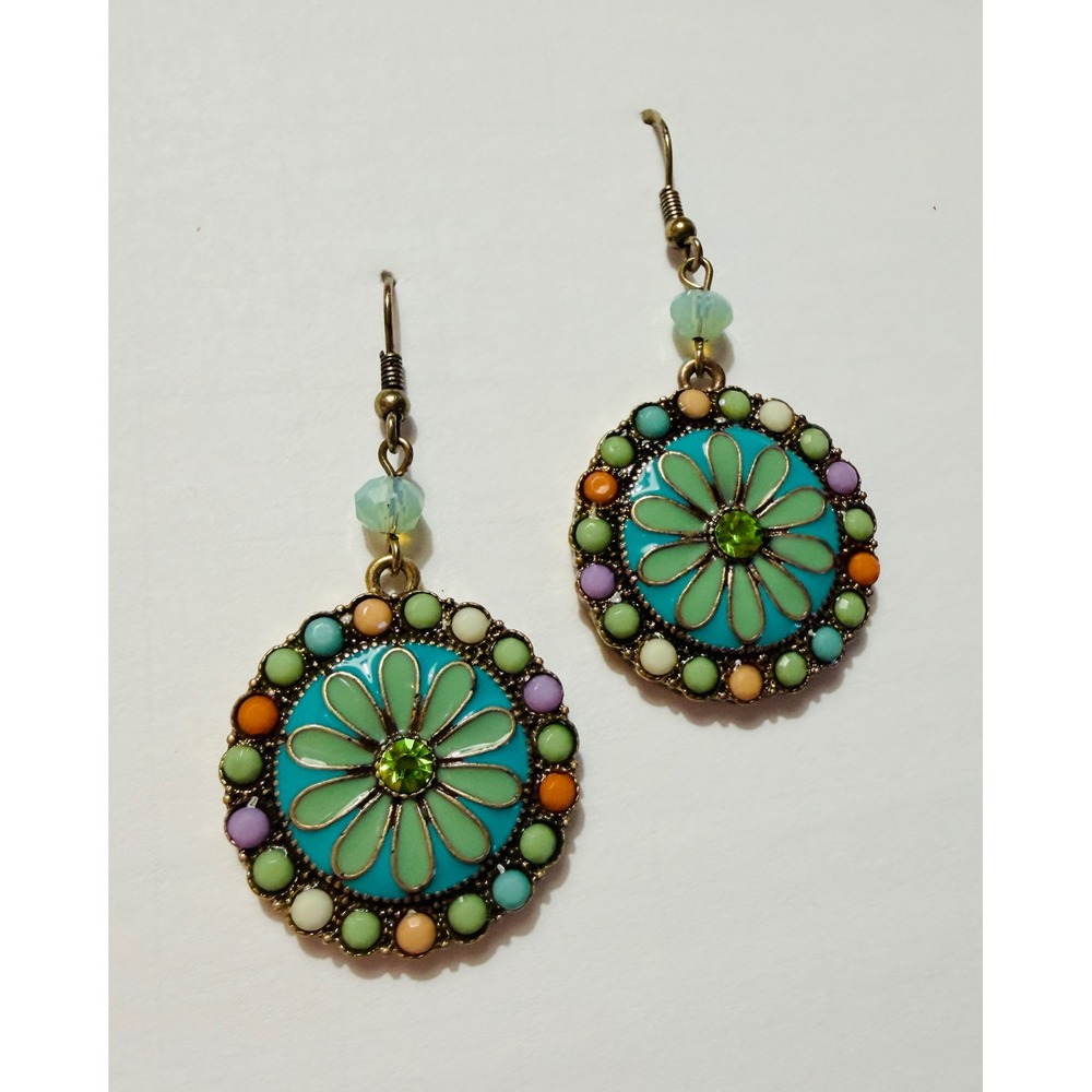Bohemian Floral Medallion Drop Earrings Turquoise Enamel Multi Color Bead Brass
